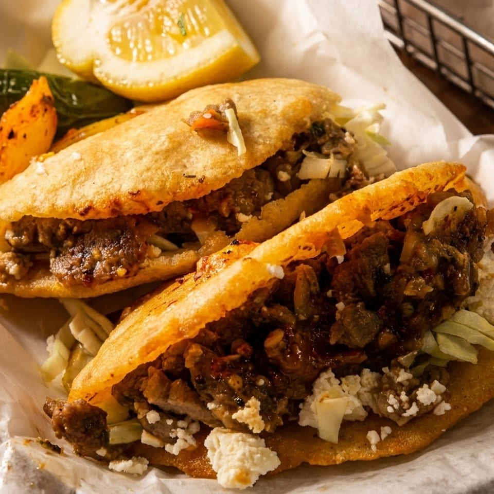Two golden-fried gorditas filled with meat, cheese, and lettuce, served with a lemon wedge and pepper.