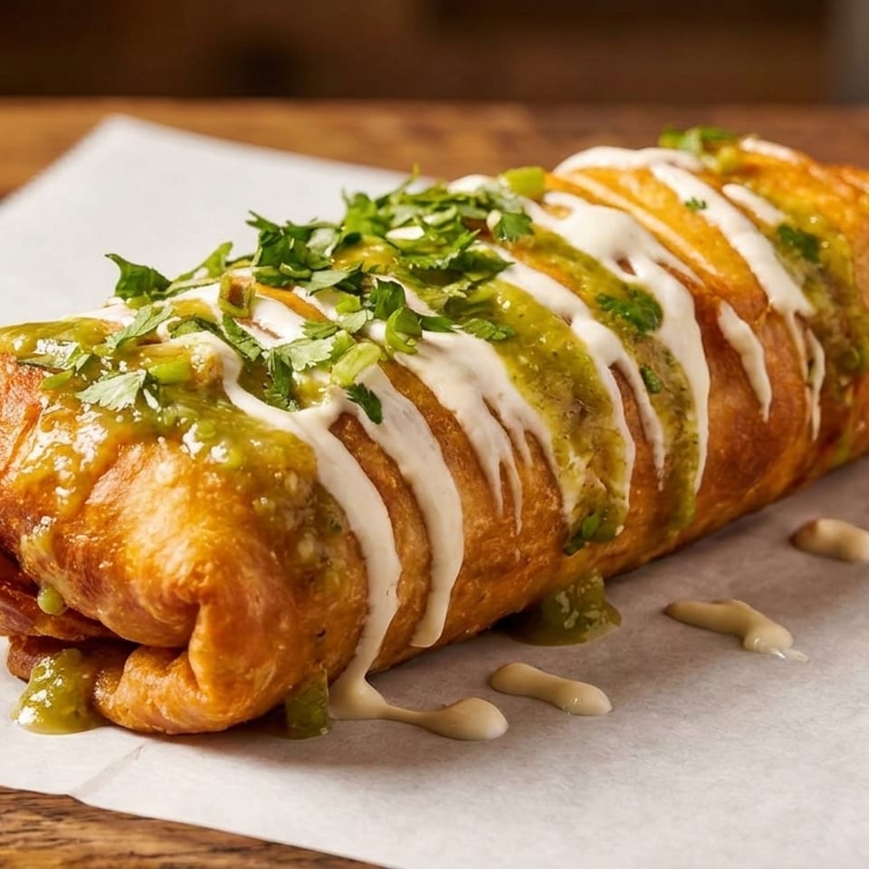 Golden-brown deep-fried burrito drizzled with green salsa, white sauce, and fresh cilantro on parchment paper.
