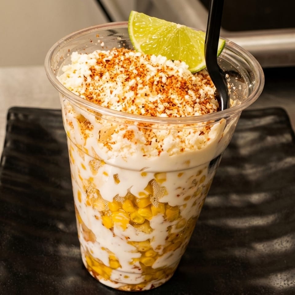 Elote en vaso, a Mexican street corn salad, in a clear cup with a lime wedge.