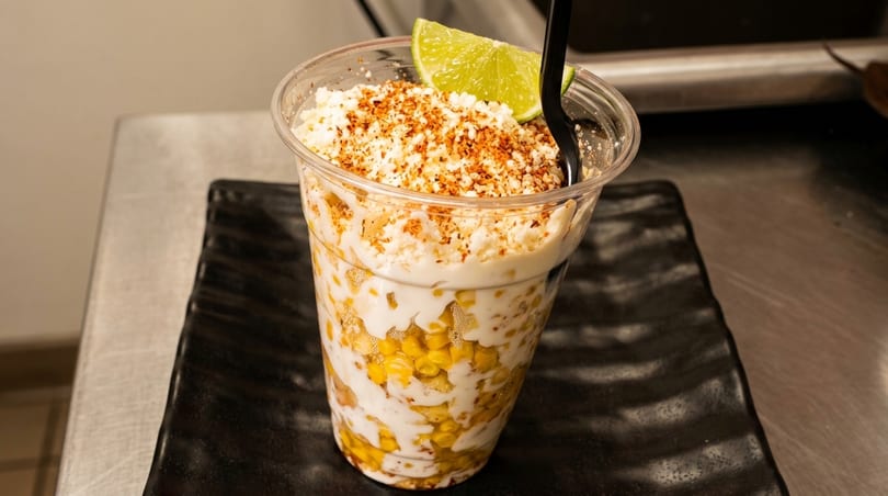 Elote en vaso, a Mexican street corn salad, in a clear cup with a lime wedge.