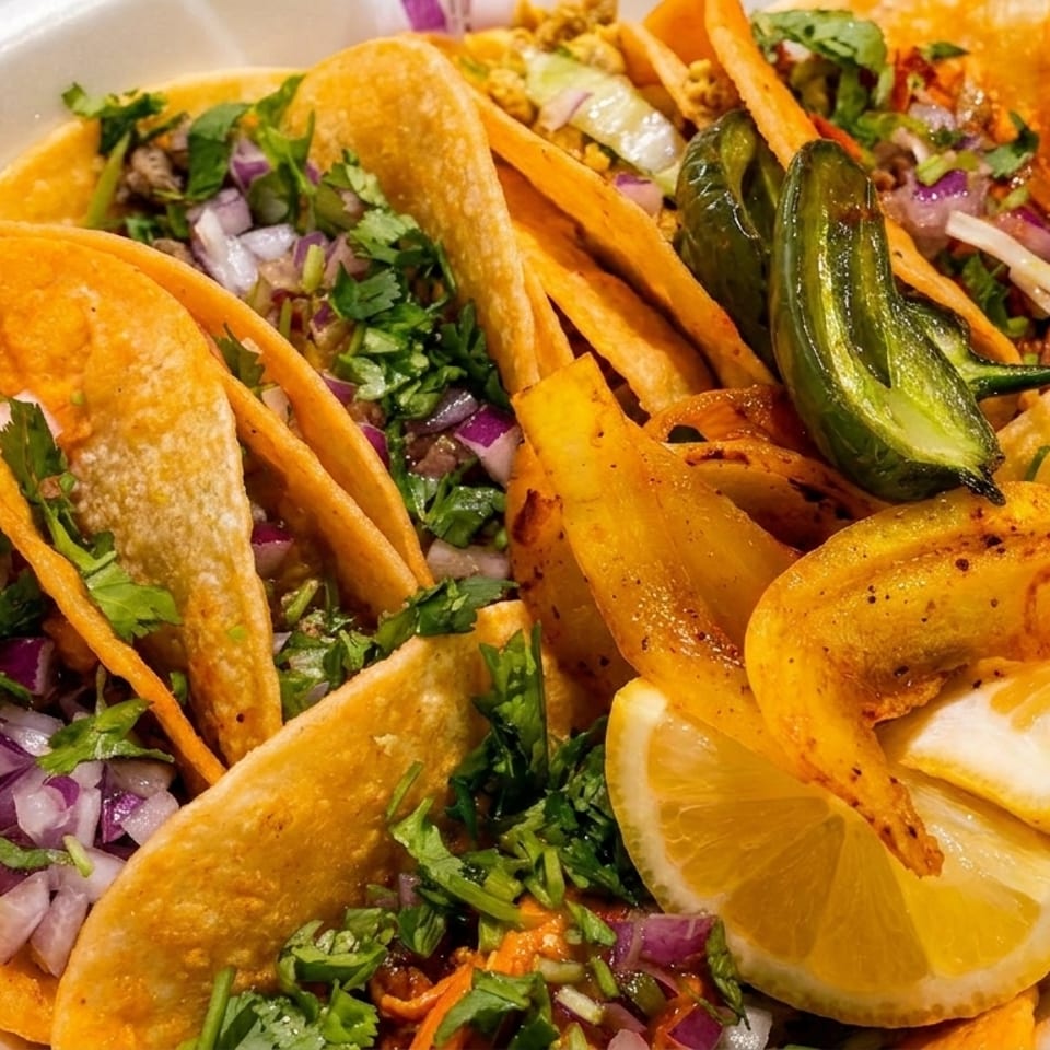A white takeout container filled with several tacos, garnished with cilantro, red onion, lemon, and a jalapeño.